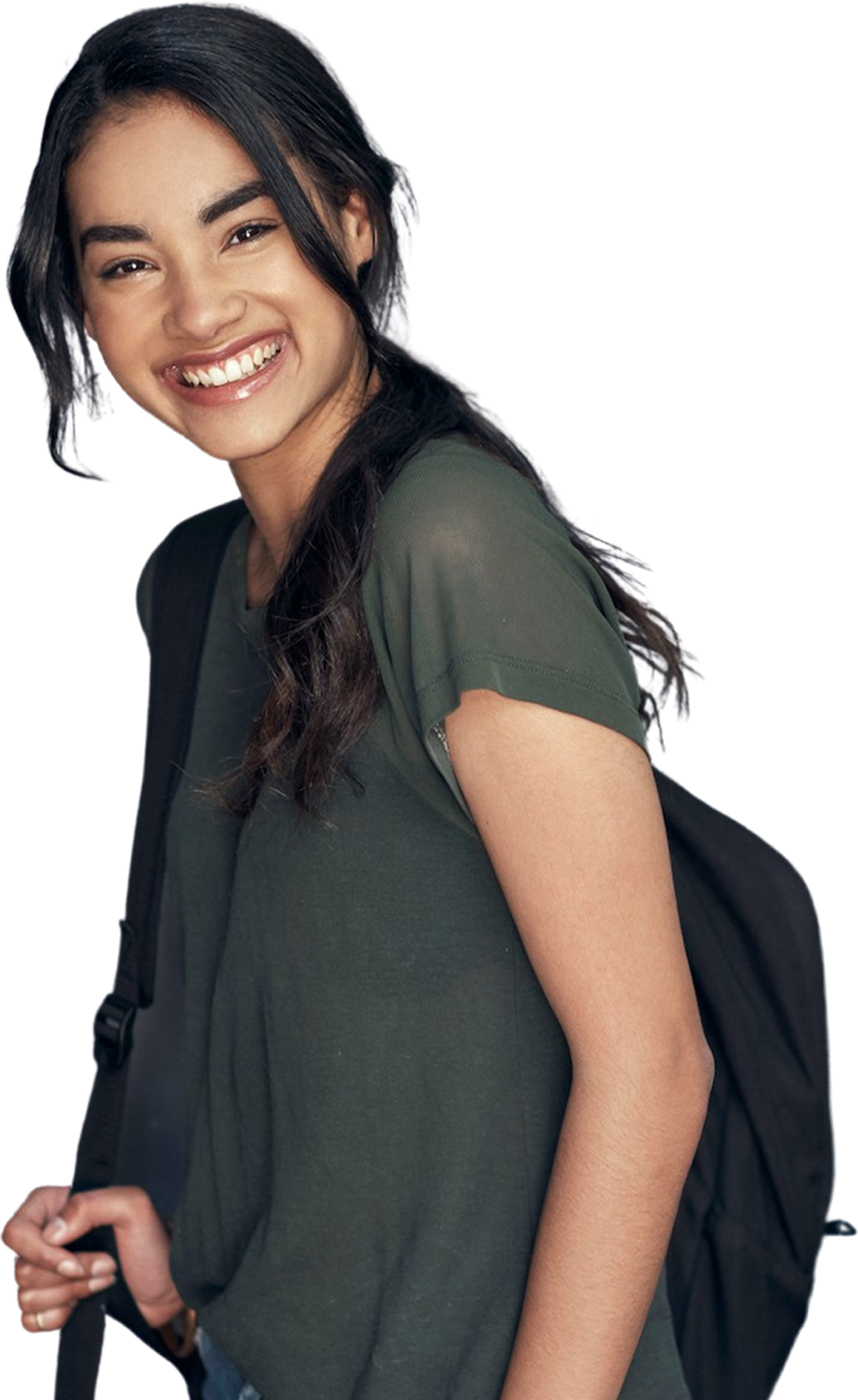 A cutout of a girl holding a backpack and smiling to show her healthy, new smile.